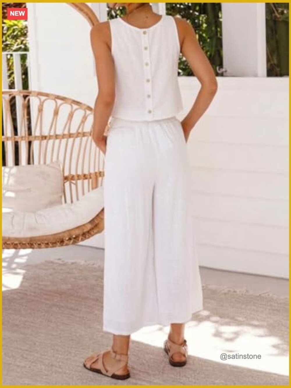 Crewneck Sleeveless Tank Top Cotton Blend Relaxed Fit Cute Spring Summer Beach - Picture 4 of 4